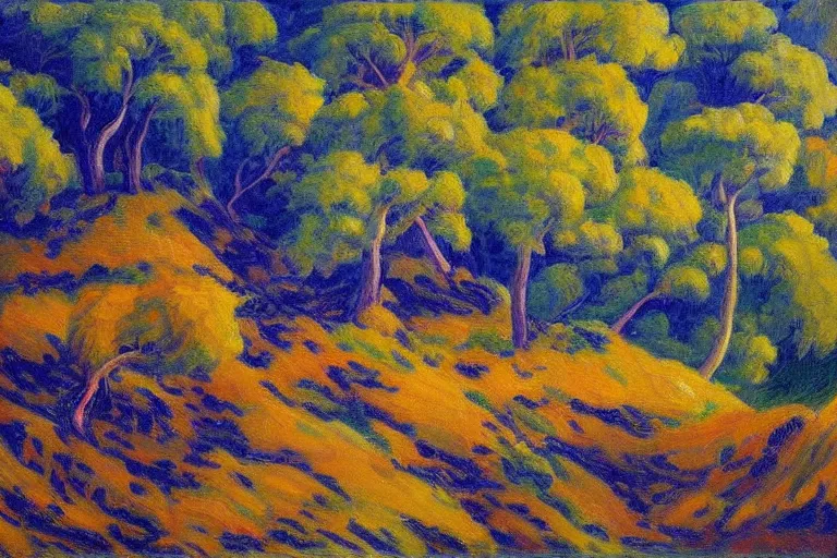 Prompt: masterpiece painting of oak trees on a hillside overlooking a creek, dramatic lighting, by giacomo balla