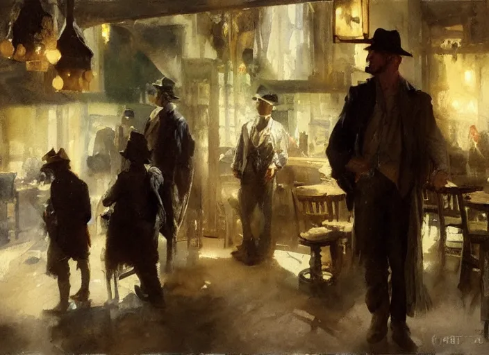 Image similar to oil watercolor painting of young guy in western bar, mysterious light, art by anders zorn, wonderful masterpiece by greg rutkowski, beautiful cinematic light, american romanticism by greg manchess, creation by tyler edlin
