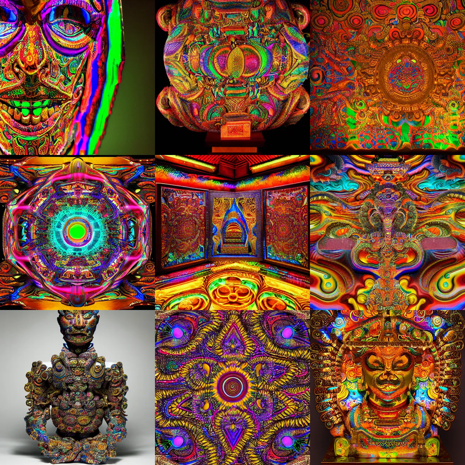 Prompt: an intricate detailed sculpture of diffusion, diffused lighting, druglaced,reflectivity, psychedelic color scheme,bhutan matrixologist