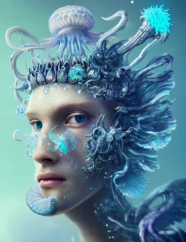 Image similar to goddess macro close - up portrait wigh crown made of ram skull. betta fish, jellyfish phoenix, bioluminiscent, plasma, ice, water, wind, creature, super intricate ornaments artwork by tooth wu and wlop and beeple and greg rutkowski