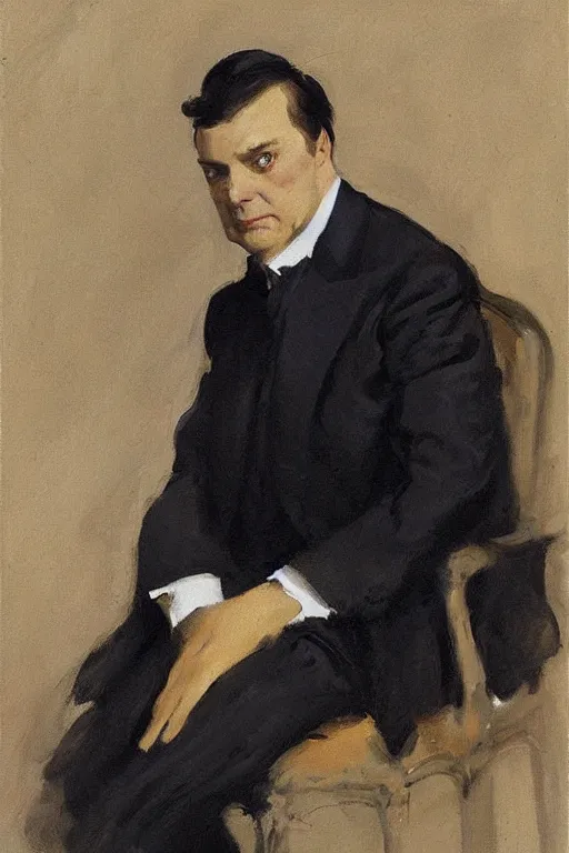 Image similar to “portrait of Barry Humphries, dressed in beautifully tailored clothes, seated, by John Singer Sargent”