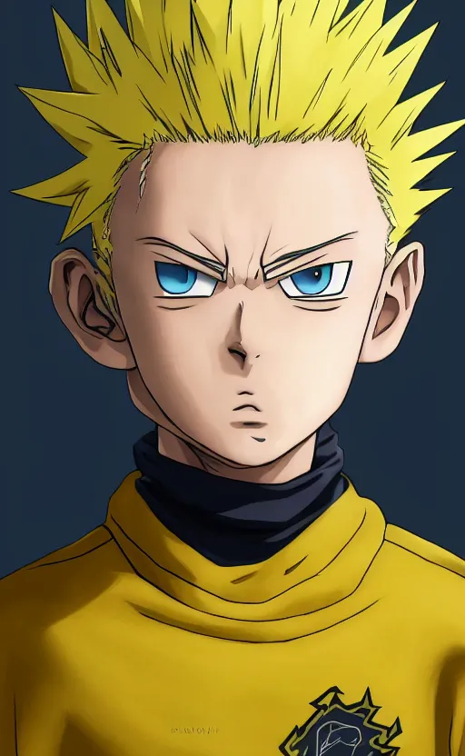 Prompt: a young boy with spikey yellow hair and lightning powers, portrait, white background, Illustrated by Kohei Horikoshi, high quality face, detailed eyes, big eyes, official media, 8k, anime, detailed, HD, trending on artstation, Illustrated by Akira Toriyama