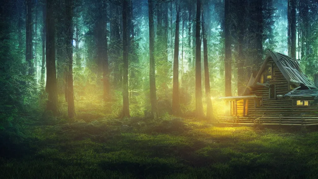 Prompt: portrait of an ethereal log cabin made of golden light, evergreen forest made of green and blue light, divine, cyberspace, mysterious, dark high-contrast concept art