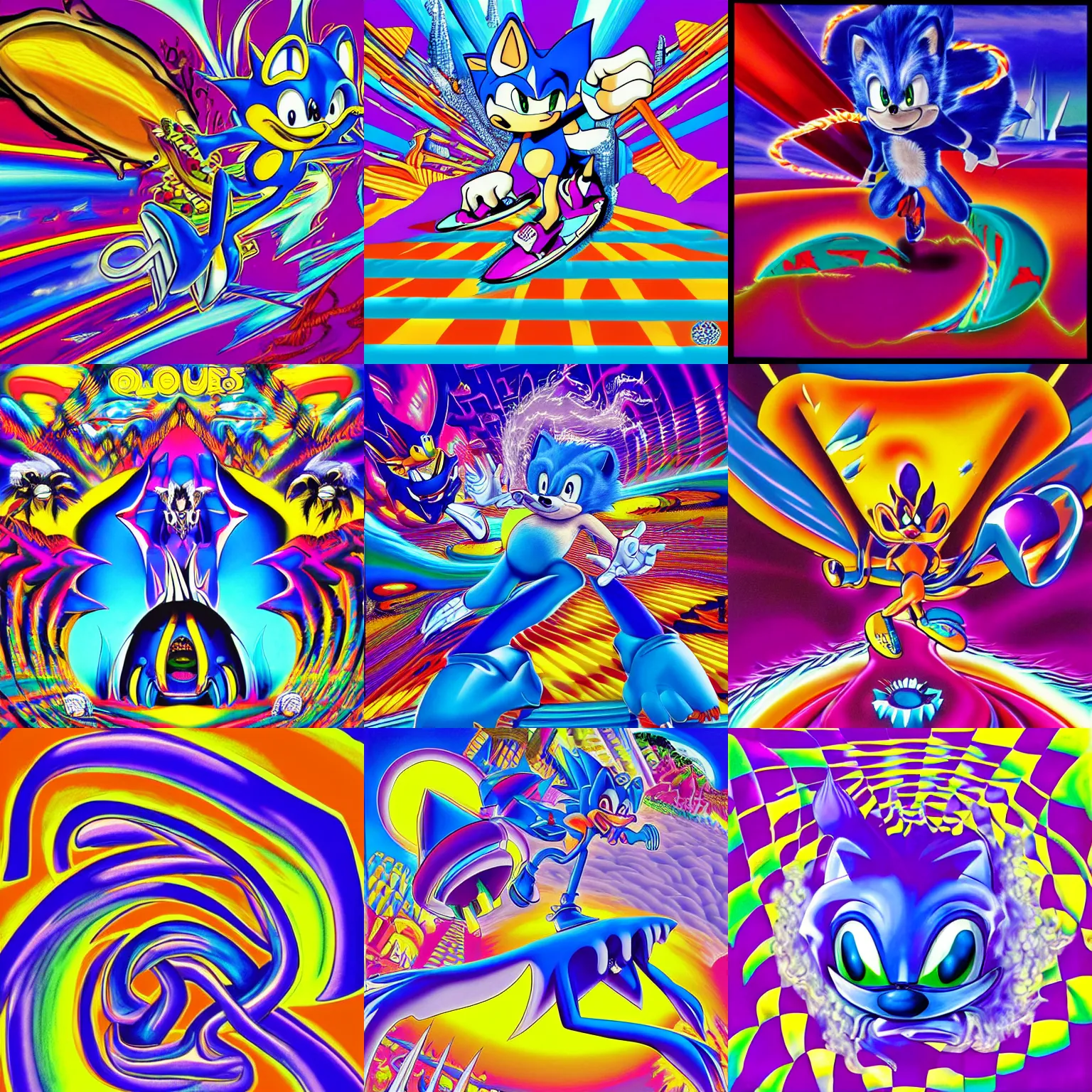 Image similar to surreal, sharp, lowbrow, detailed professional, high quality airbrush art MGMT album cover of a liquid dissolving LSD DMT blue sonic the hedgehog surfing through cyberspace, purple checkerboard background, 1990s 1992 acid house techno Sega Genesis video game album cover