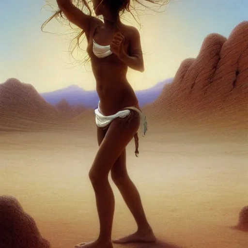 Prompt: artstation concept of a beautiful girl dancing in the desert, brown skin, sweaty skin, symmetrical face, casual white garment, white desert background, shiny colorful, hyperdetailed, artstation trending, world renowned artists, worth1000.com, historic artworks society, antique renewal, cgsociety, by greg rutkowski, by Gustave Doré, Deviantart