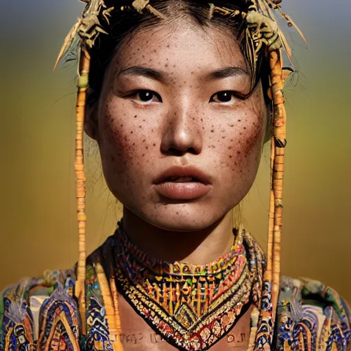 Prompt: portrait of a stunningly beautiful asian tribal female, freckles, olive skin, shining eyes, depth of field, zeiss lens, detailed, symmetrical, centered, fashion photoshoot, by Annie Leibovitz and Steve McCurry, David Lazar, Jimmy Nelsson, Breathtaking, 8k resolution, extremely detailed, beautiful, establishing shot, artistic, hyperrealistic, beautiful face, octane render