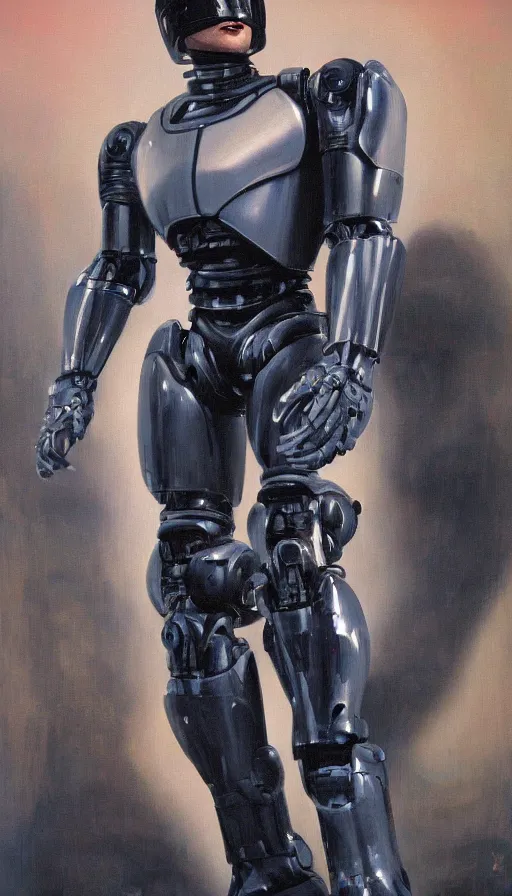 Image similar to robocop, oil painting, rim lighting, by jeff smith