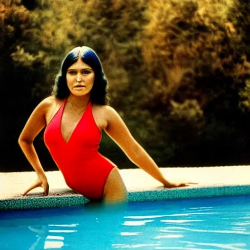 Image similar to clear photo of a beautiful and young female singer of native american descent in a pool with a red swimsuit taken in 1 9 7 6, high quality, highly detailed 7 0 s style photography, long dark hair, elegant pool, trending on pinterest, aesthetically beautiful, elegant