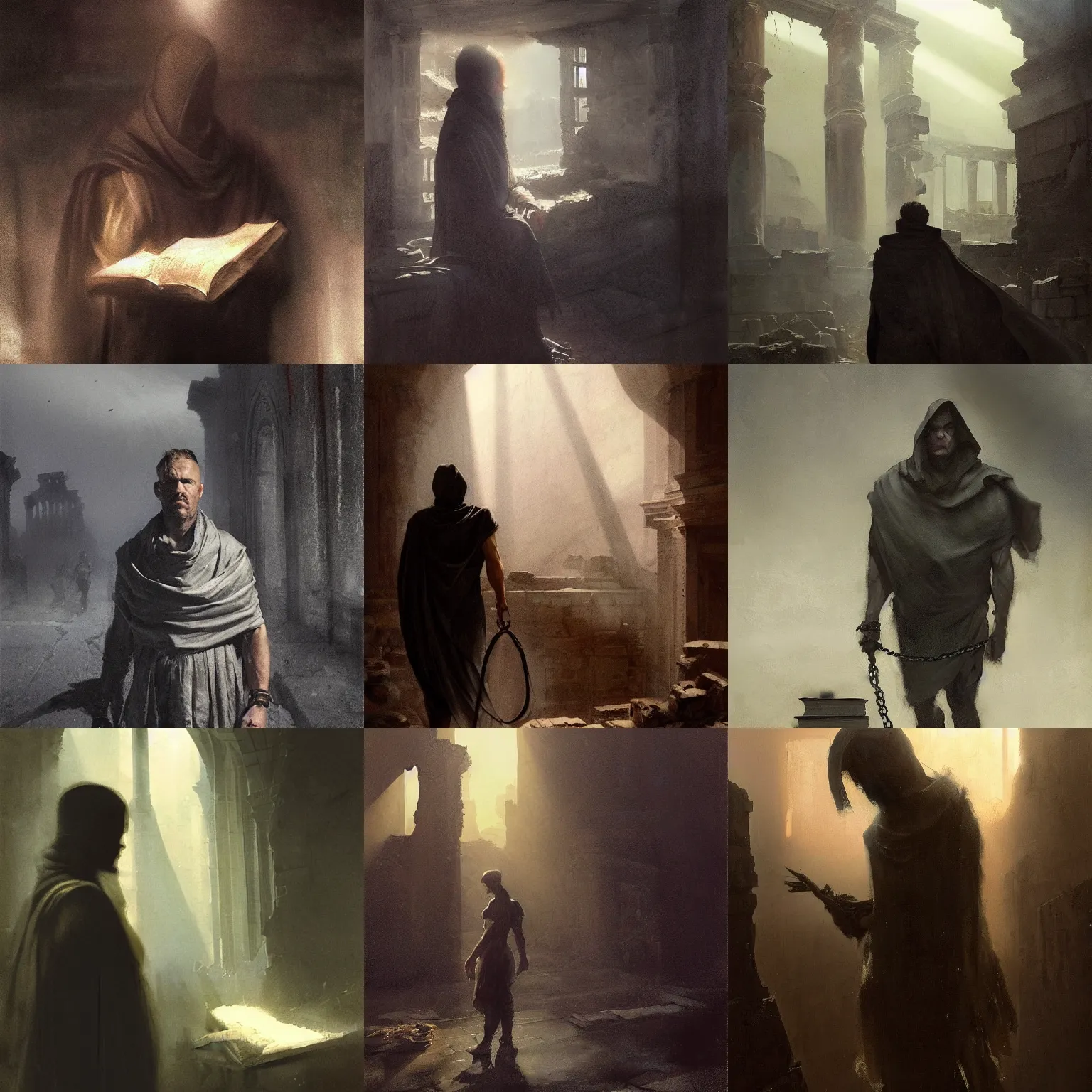 Prompt: portait of magican wearing a closed cerimonial cowl, big old book!! chained to the wrist, by jeremy mann, by greg rutkowski, by caravaggio and mike mignola, face in the shadows, ( ( ruins of ancient rome ) ), at dusk, mysterious atmosphere, sunrays, high detailed, 8 k