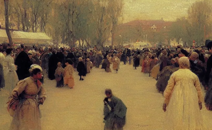 Image similar to high quality high detail painting by ilya repin, huge line of people fading into the background, hd