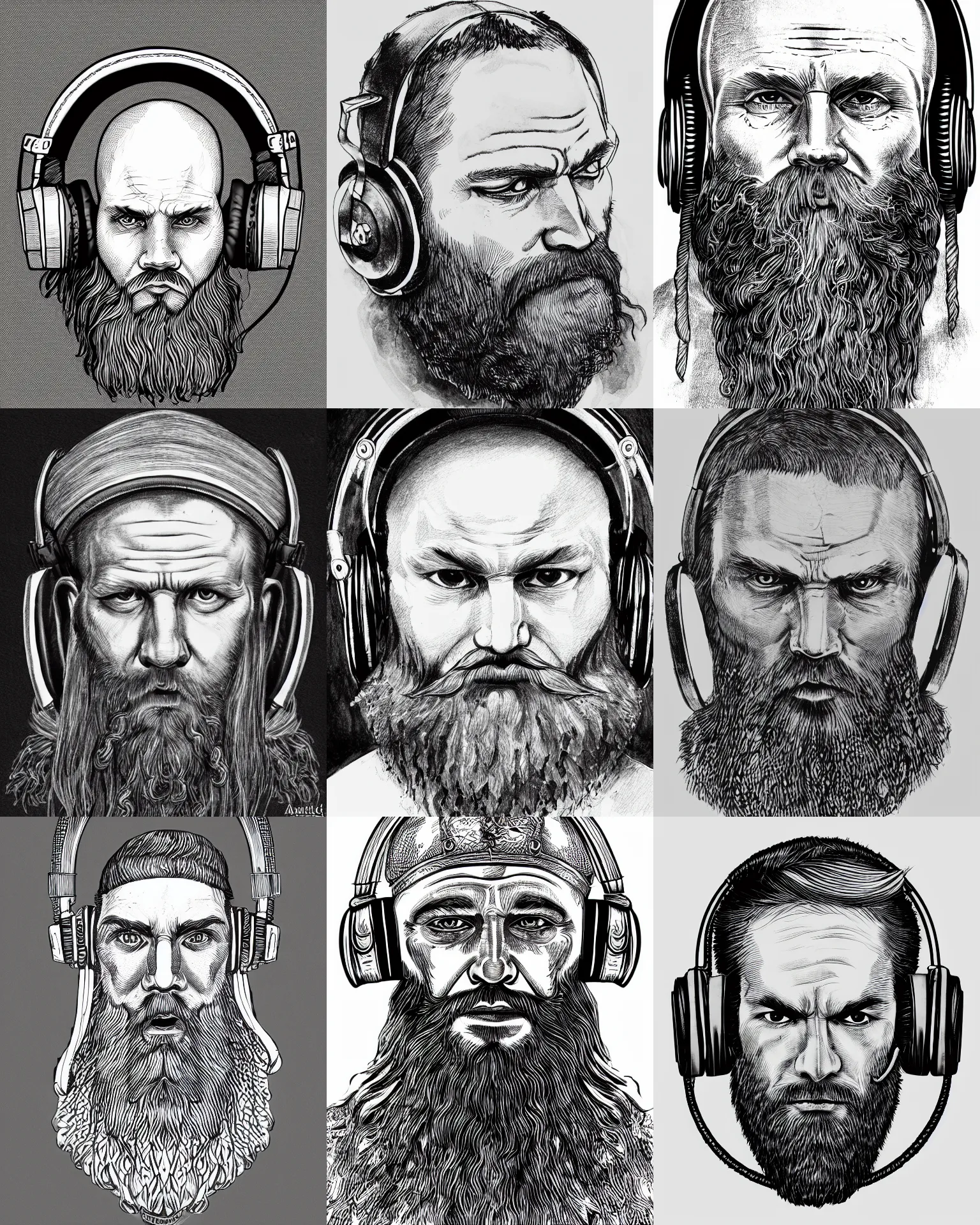 Prompt: detailed october ink drawing of a head of a beared viking wearing medieval headphones, white wall background, medium shot, front face symmetrical, trending on artstation