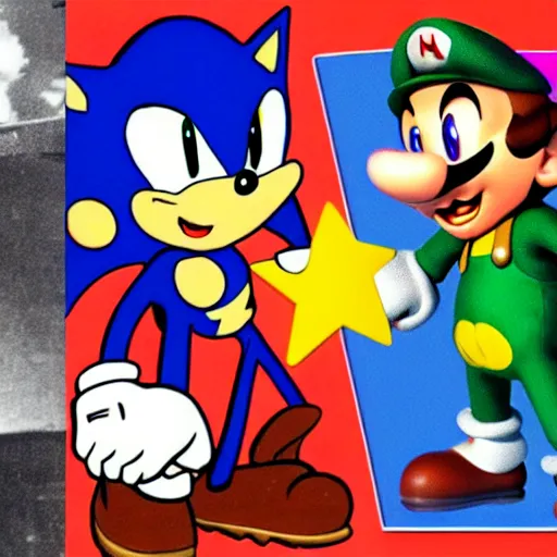 Image similar to 1940s disney film about super mario and sonic the hedgehog