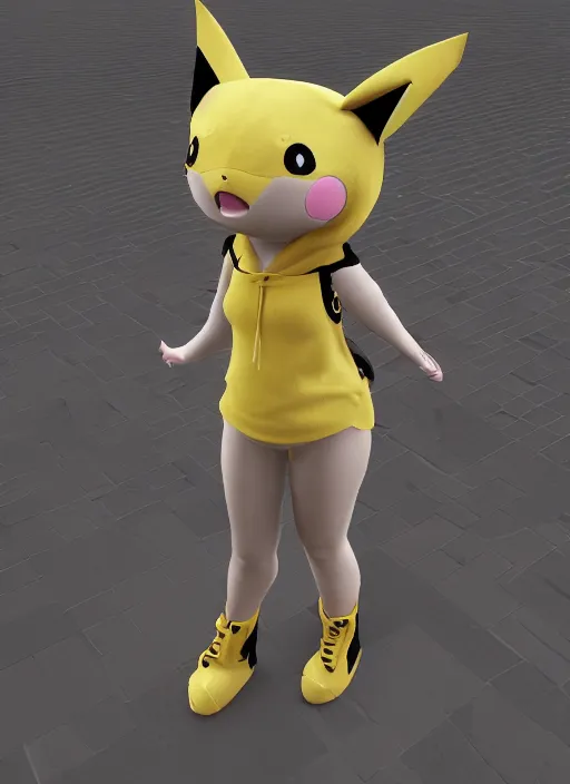 Image similar to vrchat, secondlife, imvu, 3 d model of a girl in a pikachu hoodie, hq render, detailed textures, artstationhd, booth. pm, highly detailed attributes and atmosphere, dim volumetric cinematic lighting, hd, unity unreal engine