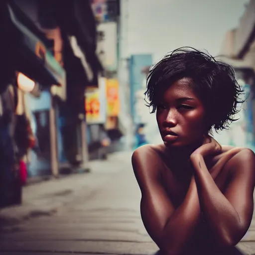 Image similar to portrait of a beautiful gorgeous black edgy model girl with short hair, bikini, she's sad, sunset, street of hong kong, 8 0 mm lens, 1. 2 aperture, kodak 5 2 1 9, grainy image, close up, cinematic light, very detailed, depressing atmosphere, cover magazine