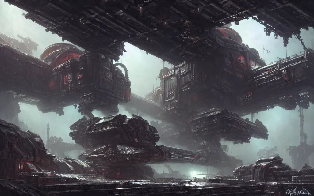 Prompt: a beautiful highly detailed matte painting of a huge derelict ancient cargo starship, Space Hulk, WarHammer 40k by Jose Daniel Cabrera Pena and Leonid Kozienko, designed by Ruan Jia. concept art