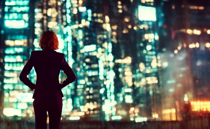 Prompt: a wide shot of a woman with a wool suit, short hair, blurred face, from the back, in front of a crowded dystopian city at night with cyberpunk lights