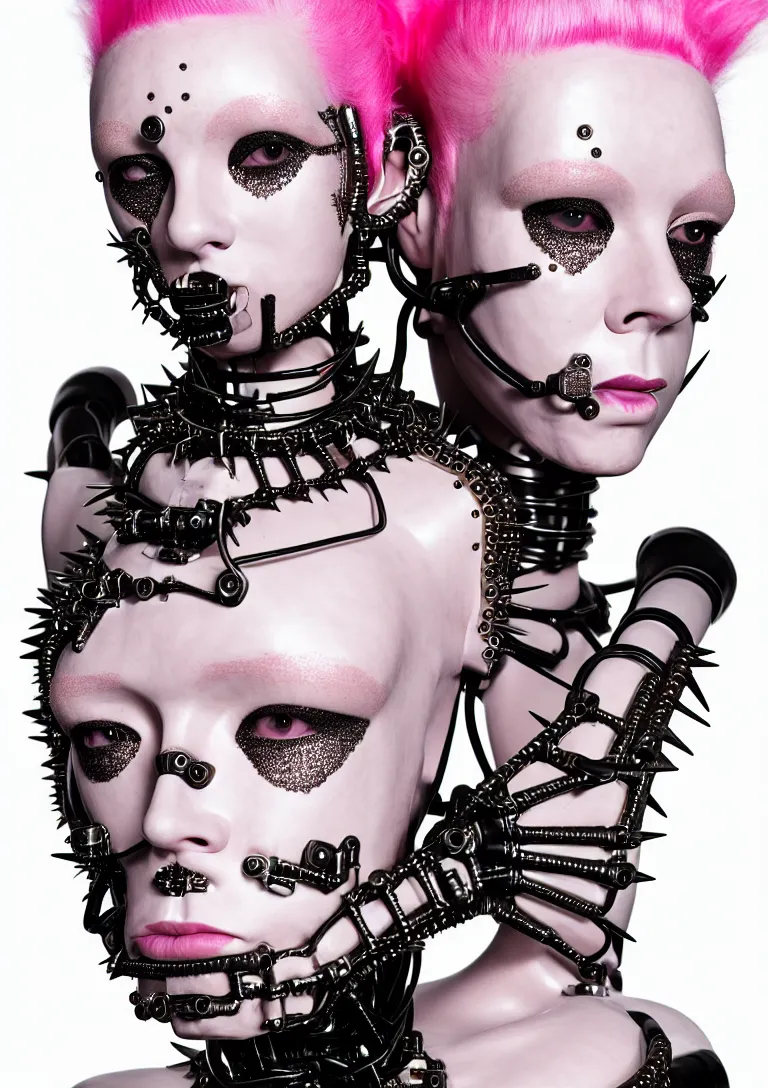 Image similar to portrait of a biomechanical goddess wearing a steel spikes studded iridescent beauty mask and pink hair buns, wearing a black bodysuit by alexander mcqueen, cream white background, soft diffused light, biotechnology, humanoid robot, perfectly symmetric, bjork aesthetic, translucent, by rineke dijkstra, intricate details, highly detailed, masterpiece,