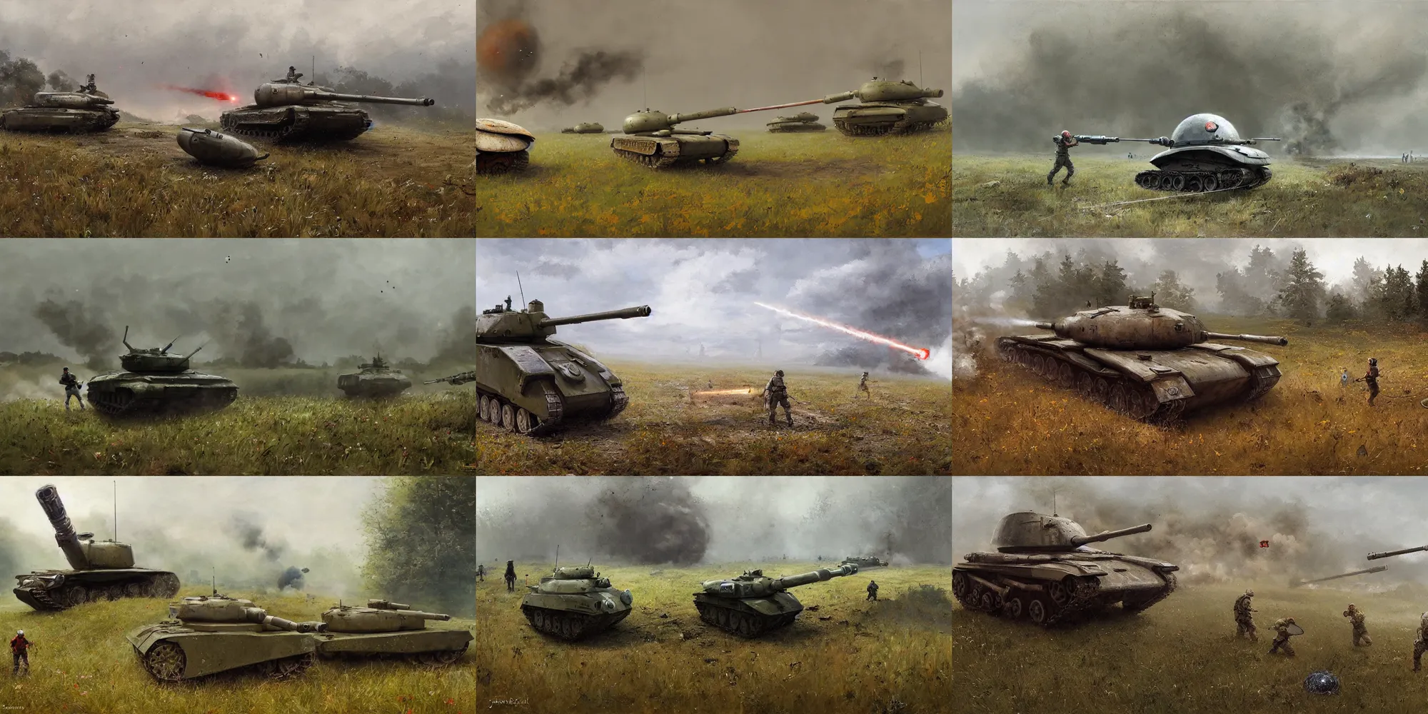 Prompt: a tank firing at a giant pill bug, jakub rozalski