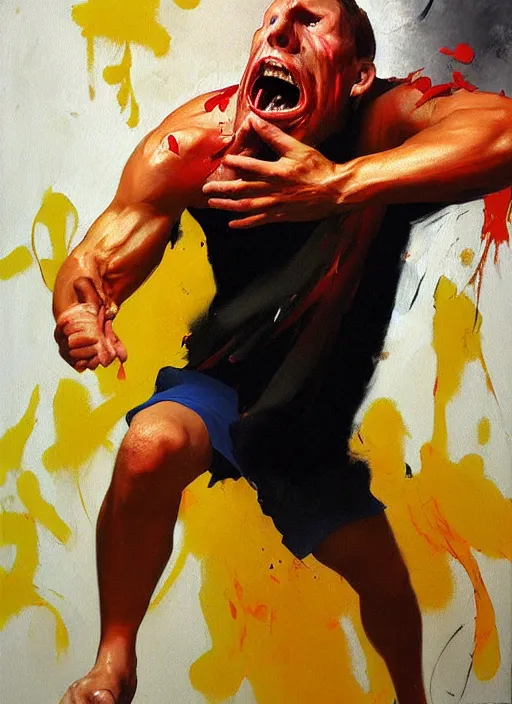 Image similar to jerma985 screeching, rage face, furious, spit flying from mouth, motion blur, smeared face, arms thrown up painting by phil hale!!! hd high quality