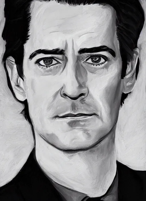 Prompt: portrait of kyle maclachlan as dale cooper by drew friedman