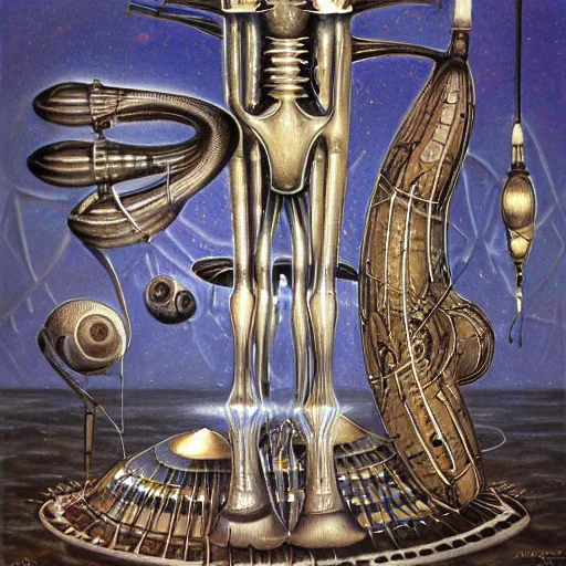 Prompt: a painting of a bunch of alien musical instruments by kinuko craft floating in the water, egyptian art by h. r. ( hans ruedi ) giger, deviantart, gothic art, airbrush art, egyptian art, biomorphic