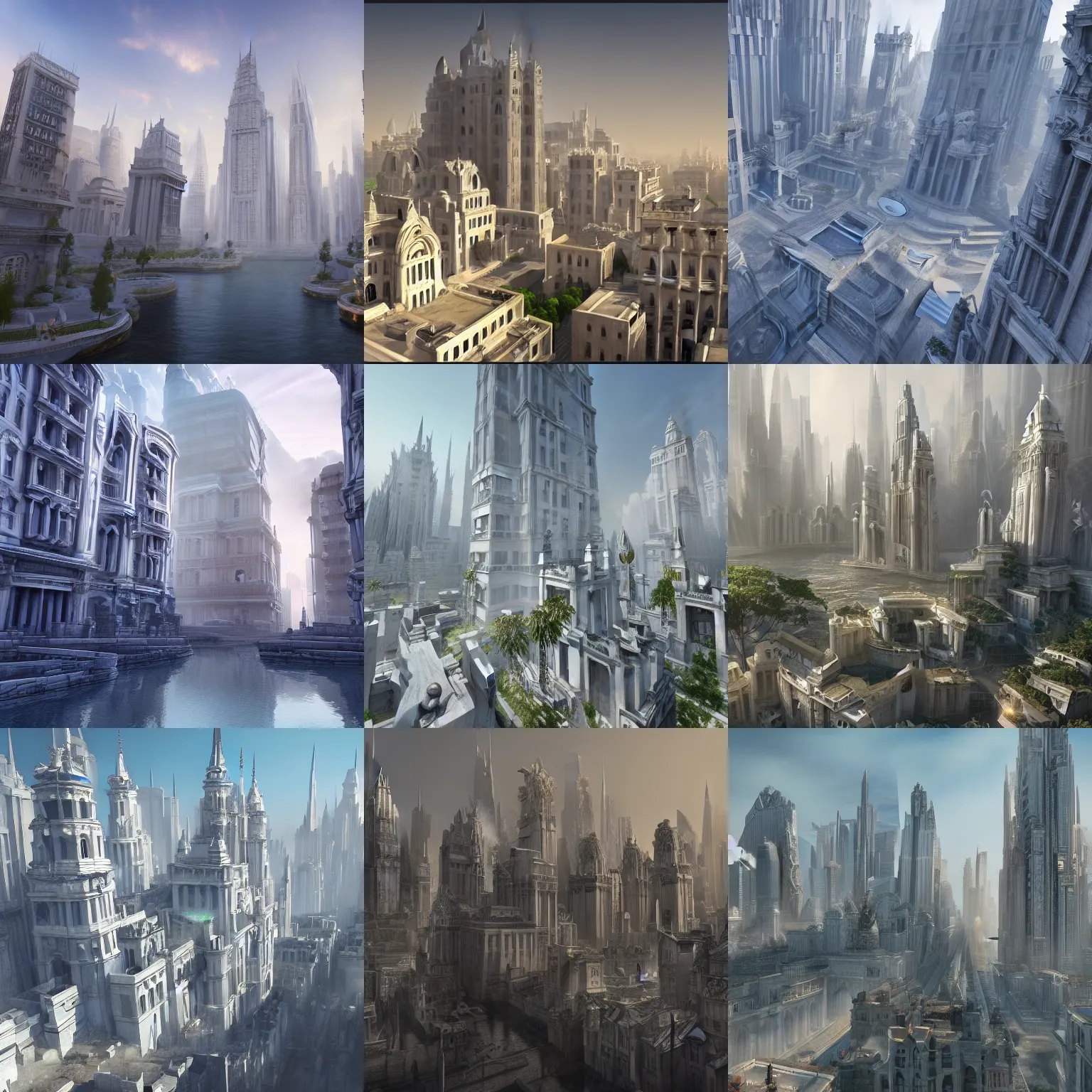 Prompt: fantasy city artwork, white marble buildings, metropolis, white stone, high towers, bright, waterways, smooth, artstation, high realism, 8k, unreal engine, very beautiful scenario