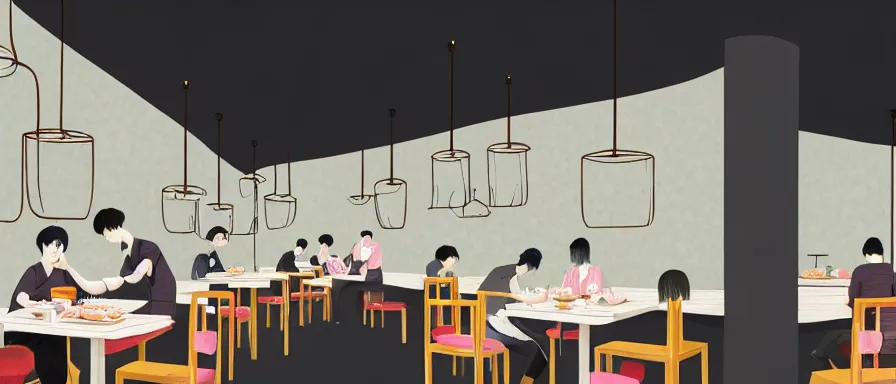 Image similar to a beautiful interior view illustration of a small roasted string hotpot restaurant in yan'an city, corner, restaurant wall paper is tower amd mountain, rectangle white porcelain table, people are eating, black chair, animation illustrative style, from china, simple style structure decoration design, victo ngai, james jean, 4 k hd