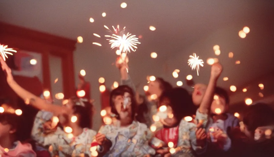 Prompt: 1 9 9 0 s candid 3 5 mm photo of a beautiful day in the living room, cinematic lighting, cinematic look, golden hour, a miniature amusement park in the living room is setting off fireworks, kids dance and point at the fire works, small mascots run around the room, uhd