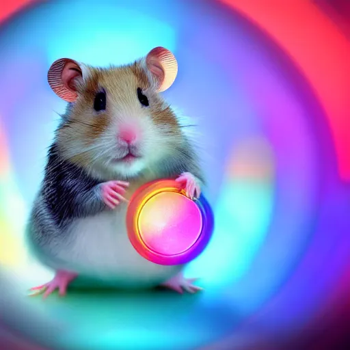 Image similar to cyberpunk hamster! holding rainbow! gem! crystal, neon lights, light reflection, 8 k, hd