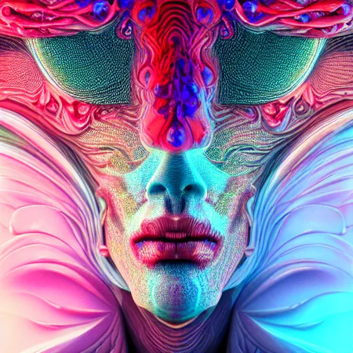 Prompt: Face of a Alien Deity, corals, plume made of fractals, extremly detailed digital painting, in the style of android jones, artwork of a futuristic artificial intelligence superstar, mystical colors, rim light, beautiful lighting, 8k, stunning scene, raytracing, octane, trending on artstation