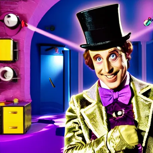 Prompt: still photo of willy wonka, bright studio setting, studio lighting, crisp quality and light reflections, unreal engine 5 quality render
