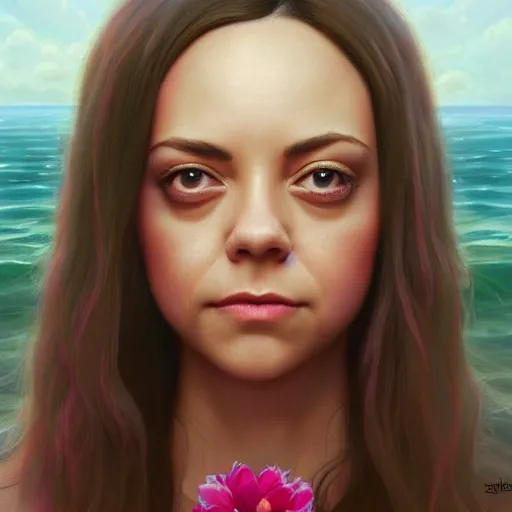 Image similar to pink petals with a a wonderful aubrey plaza and christina ricci mixed with mona lisa, intricate, elegant, highly detailed, wonderful eyes, sweet, digital painting, artstation, concept art, smooth, sharp focus, illustration, art by artgerm and greg rutkowski and concept art, rectilinear vaporwave