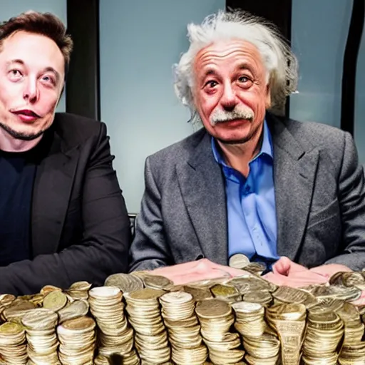 Image similar to photo of elon musk and albert einstein sitting next to each other at a table with a pile of coins