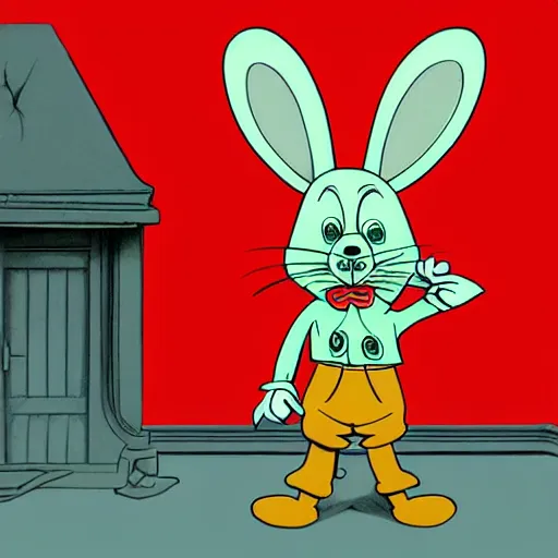 Image similar to A extremely highly detailed majestic hi-res beautiful, highly detailed portrait of a scary terrifying creepy cartoon rabbit standing up wearing pants and a shirt in the style of 1960's Walt Disney animation