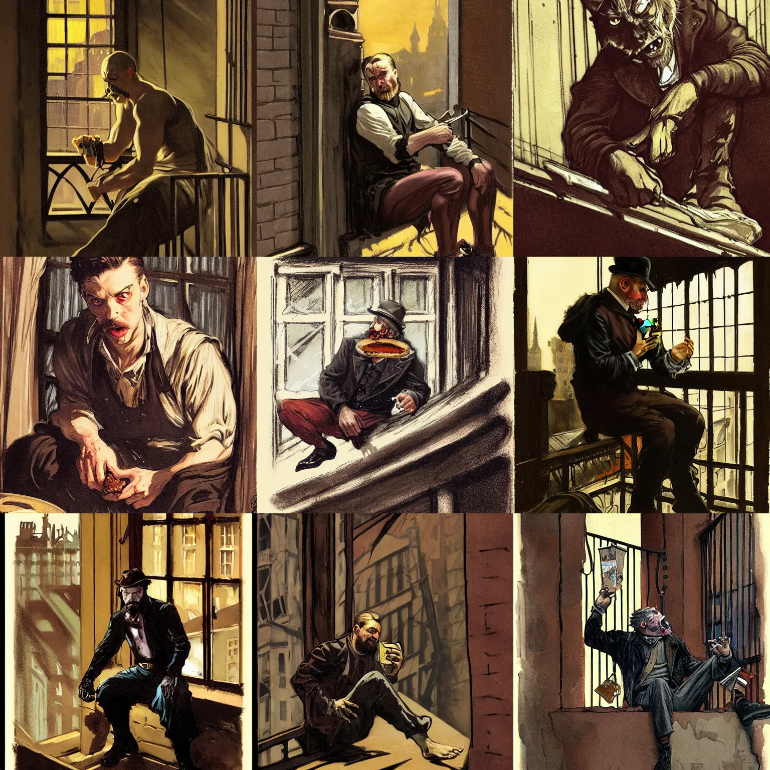 Prompt: character portrait of a rugged catman sitting down on a fire escape eating a sandwich in gothic london, gothic, john singer sargent, muted colors, moody colors, illustration, digital illustration, amazing values, art by j. c. leyendecker, joseph christian leyendecker, william - adolphe bouguerea, graphic style, dramatic lighting, gothic lighting