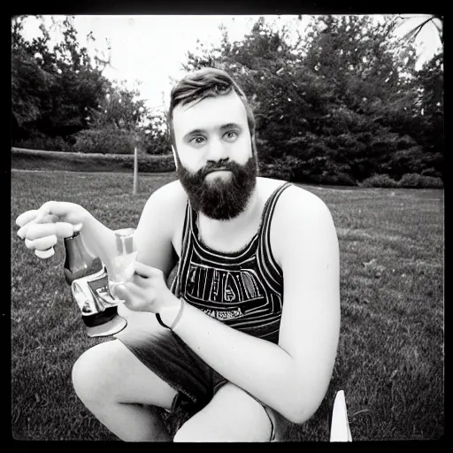 Image similar to “A 20 year old, ginger, tall, chubby, polish-American college student, with a scruffy beard, sitting in his back yard drinking beer, 8 mm lens photography,”