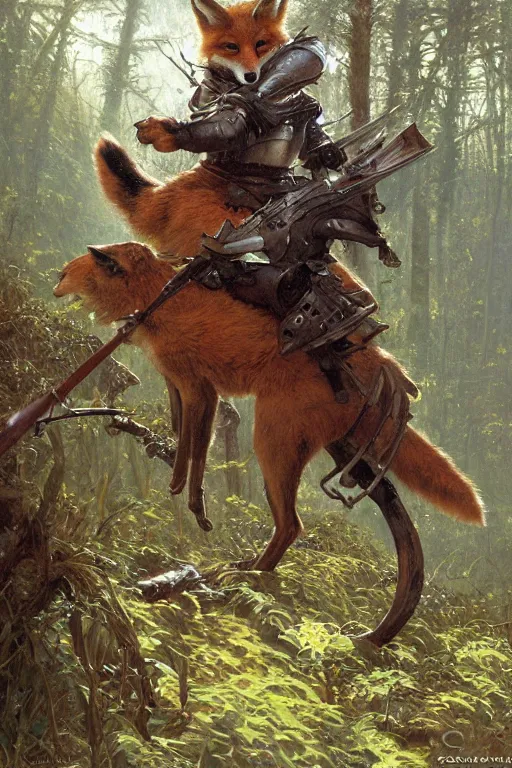 Prompt: a cunning anthropomorphic fox warrior hunting in the forest, wearing metal plate armor, character illustration by greg rutkowski, thomas kindkade, alphonse mucha, loish, norman rockwell