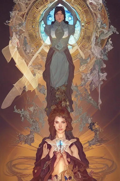 Image similar to holy ray of light spell scroll art by artgerm and greg rutkowski and Alphonse Mucha and Craig Mullins, James Jean, Andrey Ryabovichev, Mark Simonetti and Peter Morbacher 16k