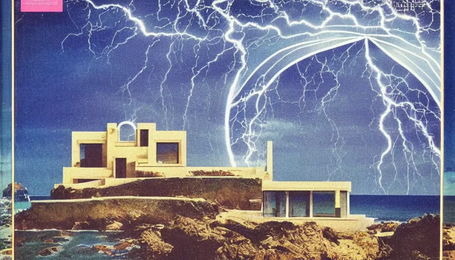 Image similar to A 1985 vintage magazine architecture photo of a, mediterranean architecture, refracted lines and sparkles, thunderstorm outside, beach on the background major arcana sky and occult symbols, hyperrealistic, award-winning, 1985