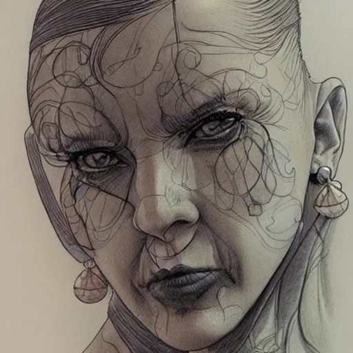 Prompt: a beautiful portrait of a heavily tattooed older high class woman Travis Charest style