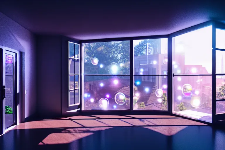 Image similar to a home built in a huge Soap bubble, windows, doors, porches, awnings, middle of SPACE, cyberpunk lights, Hyper Detail, 8K, HD, Octane Rendering, Unreal Engine, V-Ray, full hd