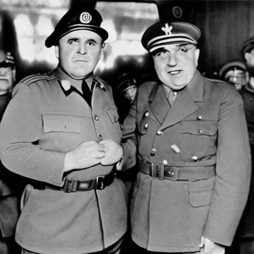 Image similar to 1942 photograph of Danny DeVito in a Nazi officer's uniform standing next to Adolf Hitler