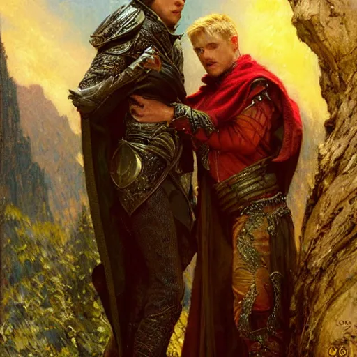 Image similar to arthur pendragon in love with male merlin the mage. they are in love. highly detailed painting by gaston bussiere, craig mullins, j. c. leyendecker