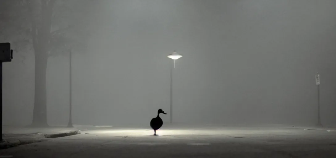 Image similar to a lonely duck under a street light, fog, still from a movie by bong joon - ho