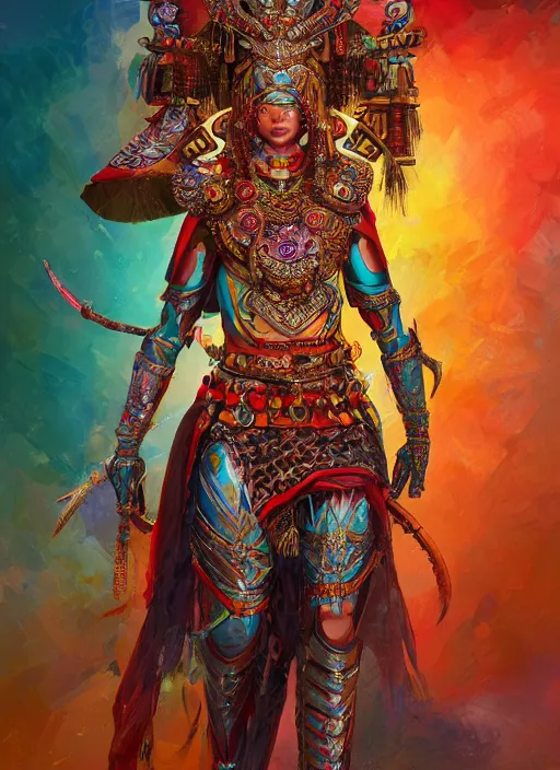 Prompt: detailed full body concept art illustration colorful oil painting of an ancient warrior goddess in full intricate colorful clothing, ultra detailed, digital art, octane render, 4k