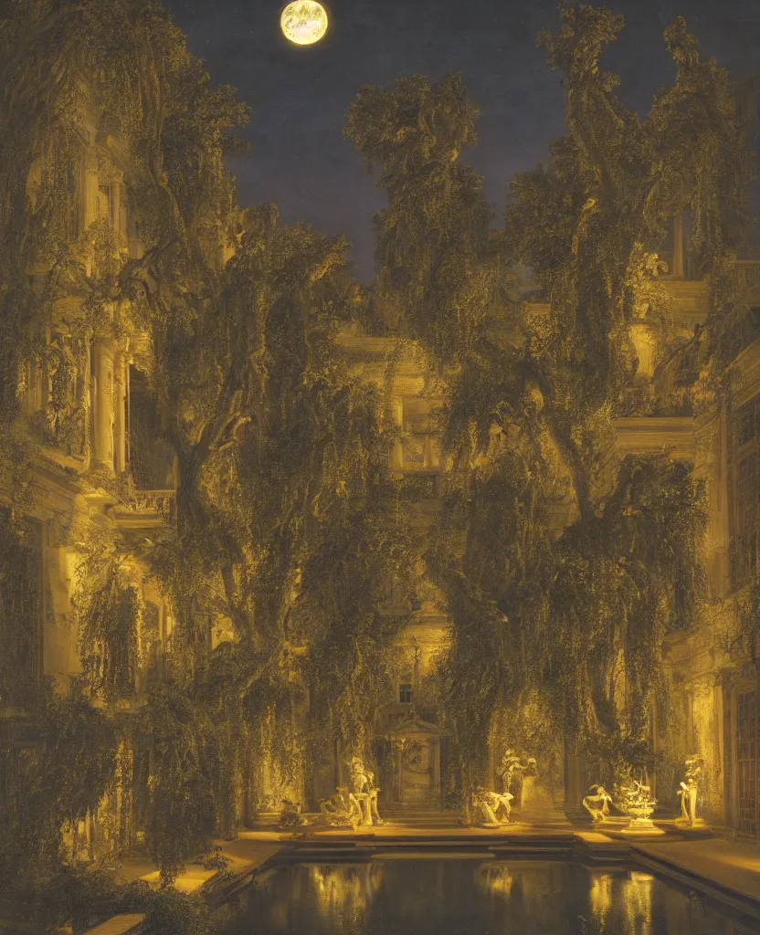 Image similar to photo of beautiful rococo courtyard under moonlight, large glowing moon, pool with rippling reflections, weeping willows and flowers, hellenistic sculptures, very romantic, archdaily,