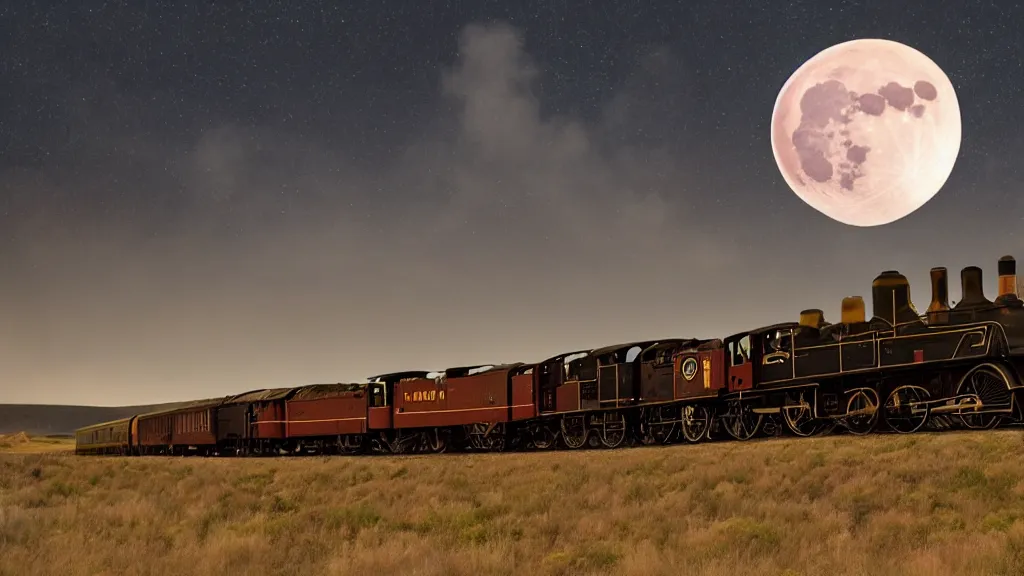 Prompt: A spectral steam locomotive pulling a train of 13 coach dimly lit by green light belching fire and smoke as it thundering across the Badlands as a ominonus moon looms in a cloudless night sky