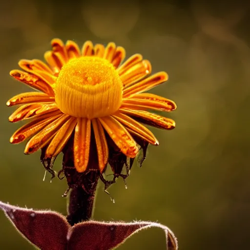 Image similar to A macro photo of a beautiful yellow flower, in the middle is a web camera and USB port, computer ports, biotech, petals fill the image, water droplets glisten, dew, bokeh, luscious green foliage