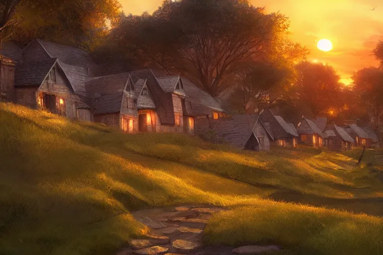 Image similar to sunset over the cottages in the shire, ghibli, artstation, award wining, rutkowski, shinkai