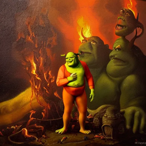 Image similar to baroque oil painting of shrek standing in hell, overcast, evil, lava and fire
